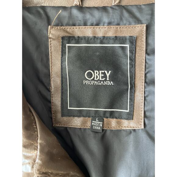 Obey Propaganda Faux Leather Bomber Jacket Men L Brown Collared Full Zipper - Picture 2 of 11
